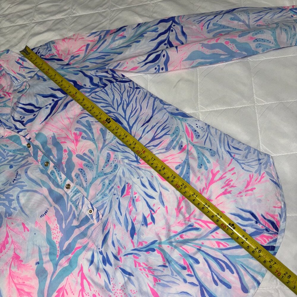 Lilly Pulitzer‎ Women’s S Cotton Tunic Top Button Front Pink Blue Tropical Print - Picture 10 of 11